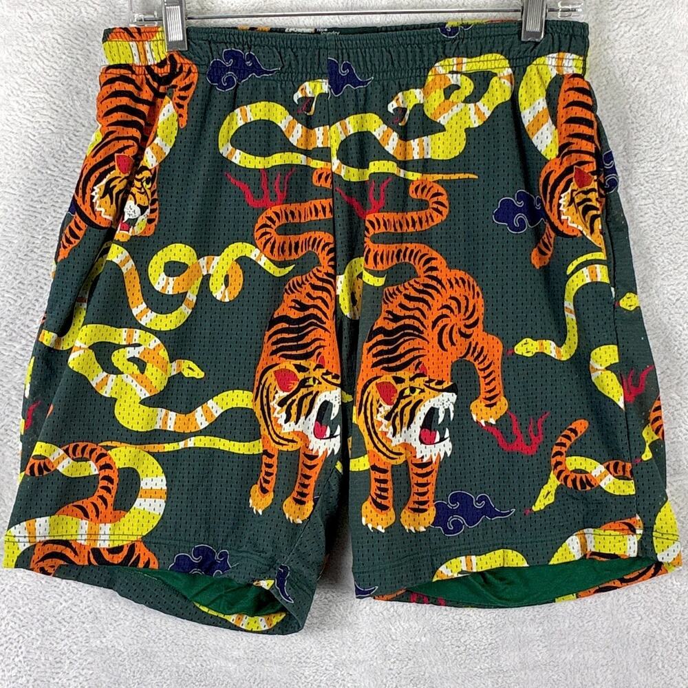 Nice Laundry Shorts Mens M Green Mesh Tiger Snake AOP Gym Workout Streetwear